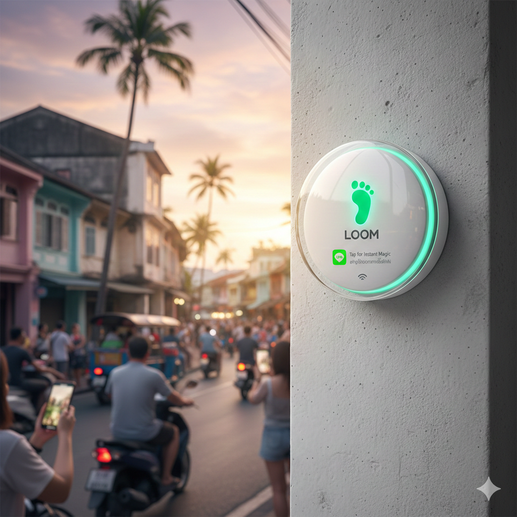 Loom Beacon device mounted on a wall in a Phuket street, glowing green.