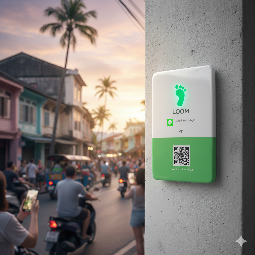 Loom Smart Plate with NFC chip and QR code mounted on a wall.